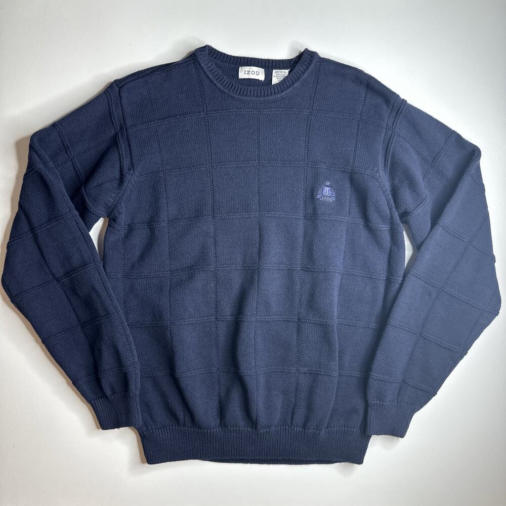 Vintage IZOD Sweater Mens Medium Navy Blue Textured Knit Crewneck Fisherman 90s